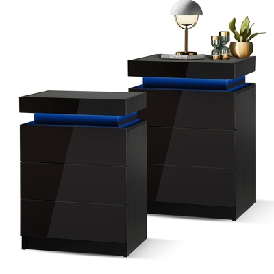 Bedside Tables Set of 2 LED Nightstand Cabinet Side Table Black