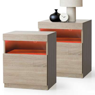 Bedside Tables Set of 2 LED Nightstand Shelf Natural