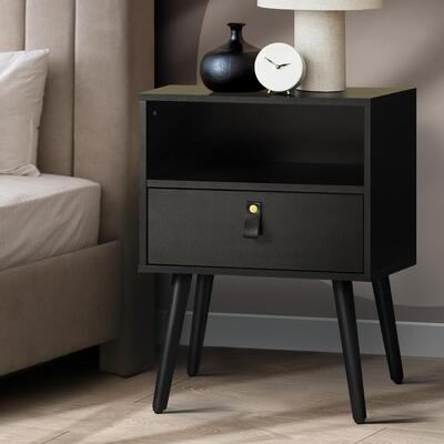 Bedside Tables Side Table Drawer Storage Cabinet w/ Leather Handle Black