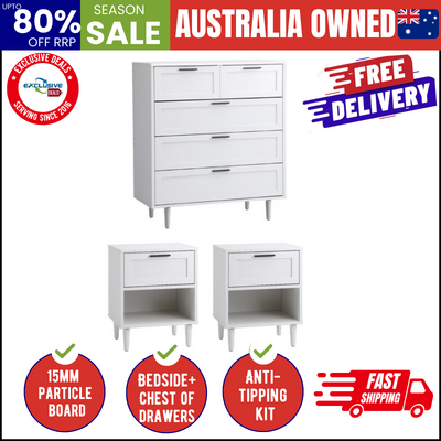 5 Chest of Drawers and 2 Bedside Tables Dressers Bedroom Set White