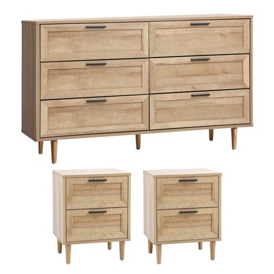 6 Chest of Drawers and 2 Bedside Tables Nightstand Bedroom Set Natural