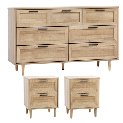 7 Chest of Drawers and 2 Bedside Tables Nightstand Bedroom Set Natural