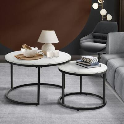 Set of 2 Coffee Table Round Marble Nesting Side End Table Furniture