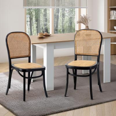 2PCS Dining Chairs Wooden Rattan Black