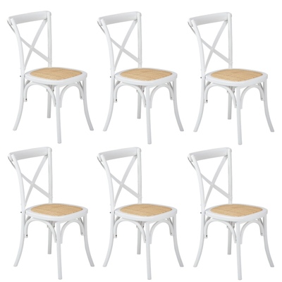 6PCS Crossback Dining Chair Solid Birch Timber Wood Ratan Seat White