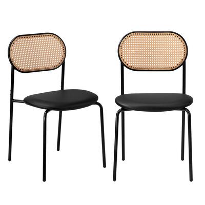 2PCS Rattan Dining Chair PU Leather Black