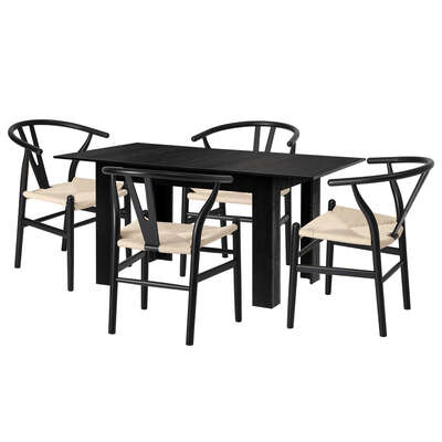 160cm Extendable Dining Table with 4x Hans Wegner Dining Chairs Black