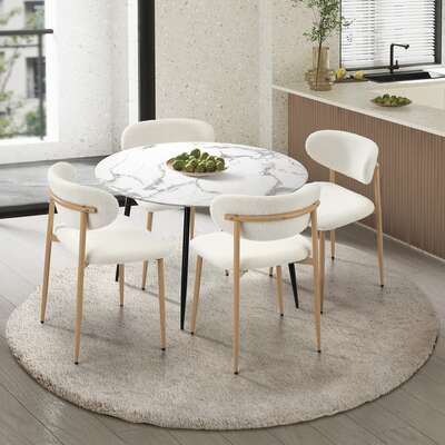 110cm Round Dining Table with 4x Dining Chairs Boucle White