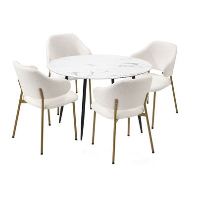 110cm Round Dining Table with 4PCS Dining Chairs Accent Sherpa Gold