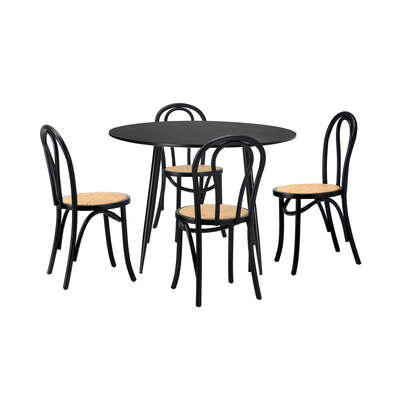 110cm Round Dining Table with 4PCS Dining Chairs Solid Wooden Black