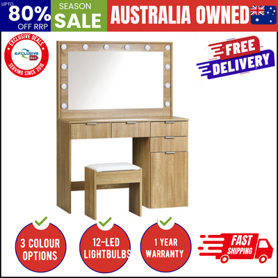 Dressing Table Stool Set Makeup Large Mirror Dresser 12 LED Bulbs Oak