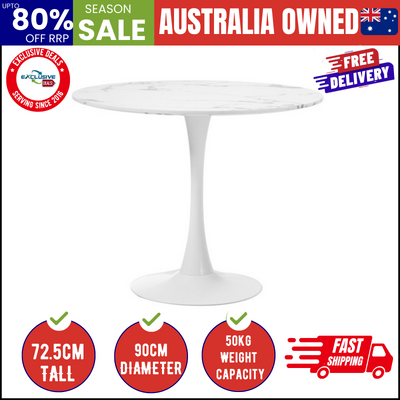 90cm Dining Table Kitchen Marble Tulip Round Metal Leg White