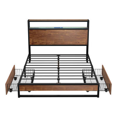 Metal Bed Frame Double LED Storage Headboard USB Charging & 2 Drawers