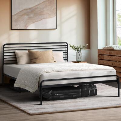 Queen Metal Bed Frame Railing-style Black