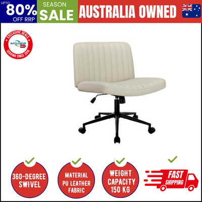 Mid Back Office Chair Wide Seat with Wheels Leather Beige