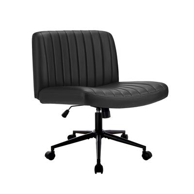 Mid Back Armless Office Desk Chair Wide Seat with Wheels Leather Black