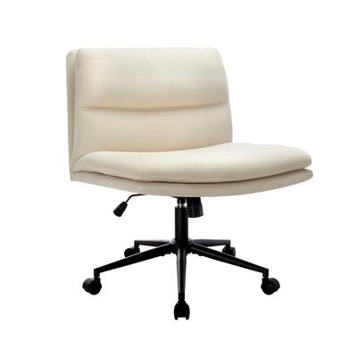 Mid Back Armless Office Desk Chair Wide Seat Linen Beige with Wheels