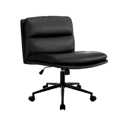 Mid Back Office Chair Wide Seat Leather Black with Wheels