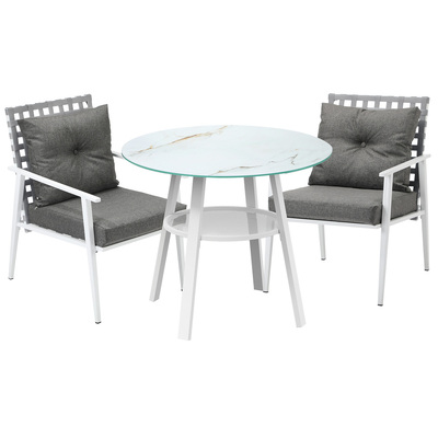 Outdoor Dining Set Patio Furniture Setting 3PCS Marble Table Rattan Chair