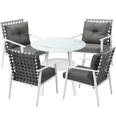 Outdoor Dining Set Patio Furniture Setting 5PCS Marble Table Rattan Chair