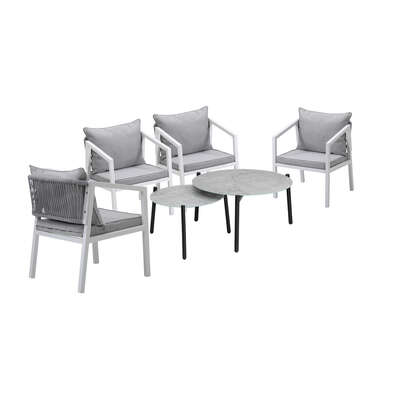 6PCS Outdoor Patio Set Grey 70cm Coffee Table Set White Chairs