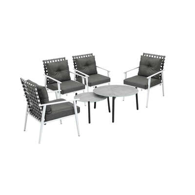 6pc Outdoor Patio Set Grey Round Table 4pc Rattan White Chairs