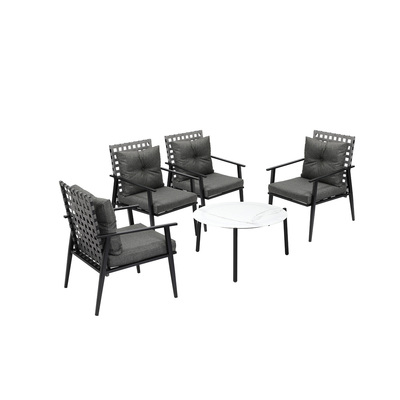 5PC Outdoor Patio Set 70CM White Marble Table Rattan Chairs