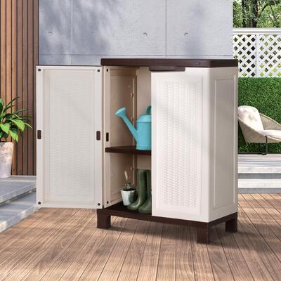 Outdoor Storage Cabinet Box Garden Garage Cupboard Adjustable Lockable Beige