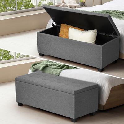 Elegant Storage Ottoman: Versatile Faux Linen Chest for Blankets, Toys Grey