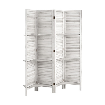 4 Panel Room Divider With Shelves Timber Wooden White