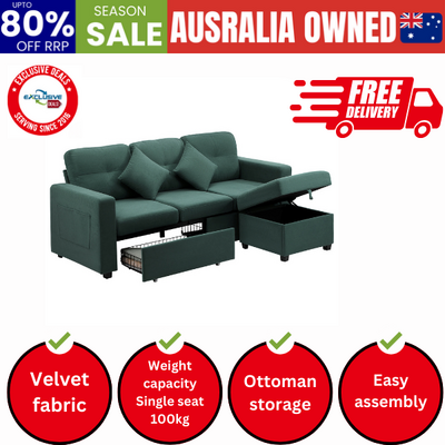 3 Seater Sofa Lounge Set Modular Couch Drawers&Ottoman Velvet Green