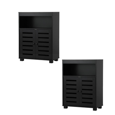 Shoe Rack Shoes Storage Cabinet Organiser Shelf 2 Doors Black Set of 2