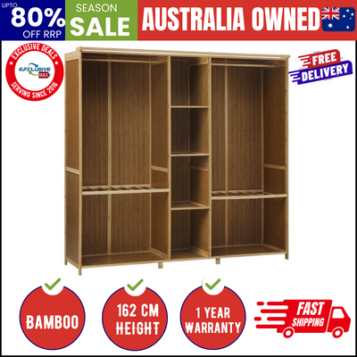 Open Wardrobe Clothes Storage Stand Hanging Rail Bamboo Cupboard