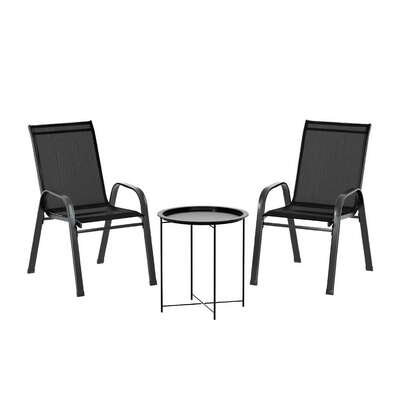 3Pc Outdoor Bistro Set Patio Furniture Table And Chairs Stackable Black