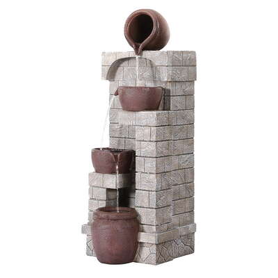 Solar Fountain Water Feature  Pot Outdoor Indoor 4-Tier Cascading Brown