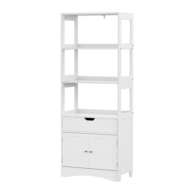 Bathroom Floor Storage Cabinet with 2 Drawers 3 Open Shelves 2 Doors White