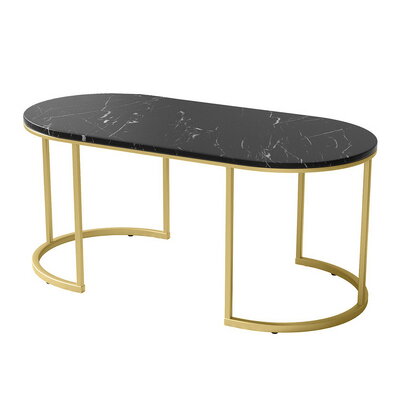 Coffee Table Marble Effect Top Black Wooden Oval Metal Base