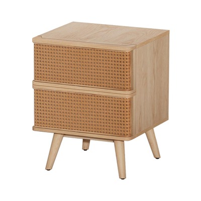 Rattan Bedside Table Drawers Side End Table Storage Nightstand Oak NORA