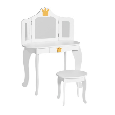 Kids Dressing Table Vanity Makeup Chair Set Wooden 3 Mirror Drawer White