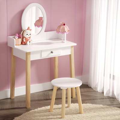 Kids Vanity Makeup Dressing Table Chair Set Wooden Leg Drawer Mirror White