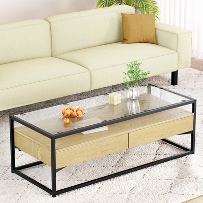 Coffee Table 2 Drawers Glass Tabletop Pine