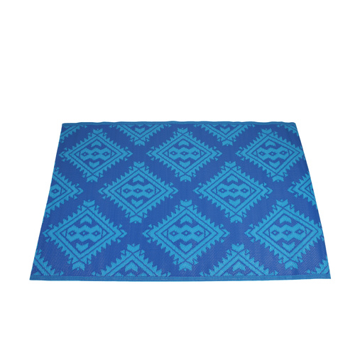 Rectangular Outdoor Reversible Mat Weatherproof Ornate Blue Design 120 x 180cm