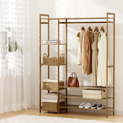 Clothes Rack Coat Stand 8 Shelves Garment Hanging Rail Bamboo Organizer