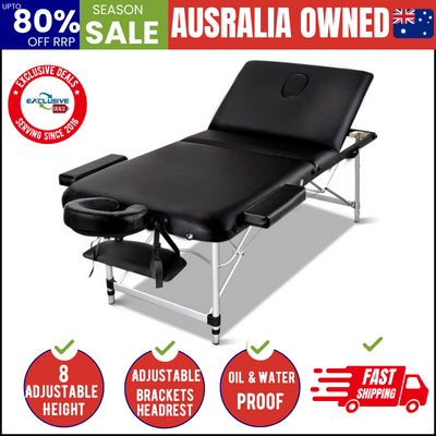 Massage Table 75cm 3 Fold Aluminium Beauty Bed Portable Therapy Black