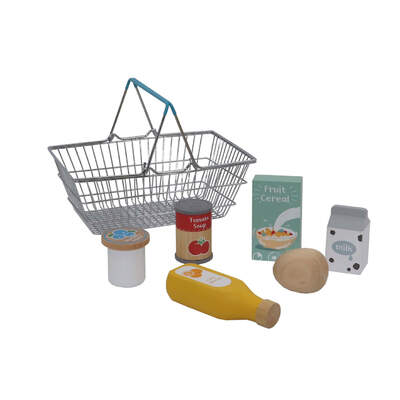 WOODEN GROCERY WITH METAL SHOPPING BASKET 