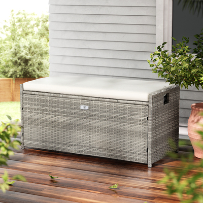 Outdoor Storage Bench Box with Wicker Cushion Chair