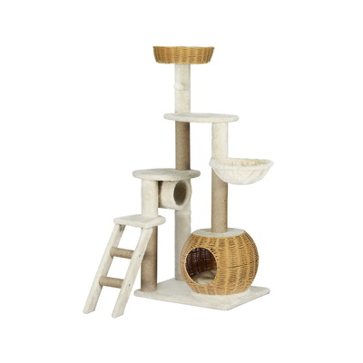 Cat Tree Tower Scratching Post Wood Bed Condo House Rattan Ladder 138cm