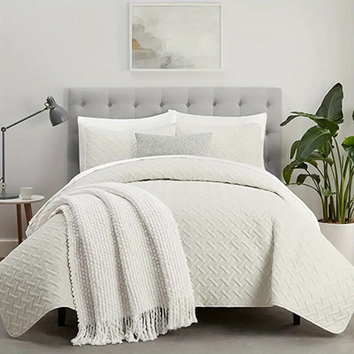 3-Piece Basket Weave Quilt Set with Embossed Lightweight Blanket and Pillowcases