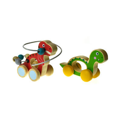 WOODEN DINOSAUR BEAD MAZE ON WHEELS/ HANDLE SET