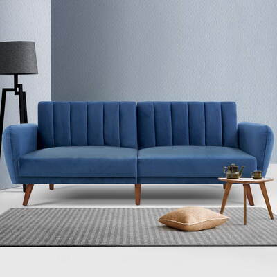 Sofa Bed Lounge 3 Seater Futon Couch Recline Chair Wooden 207cm Velvet Blue